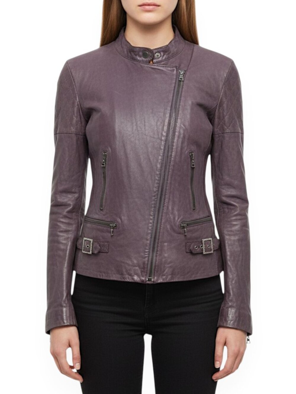 Resurrected 100% Leather Mauve Purple Gray Moto Jacket Rhinestone Trim Size L